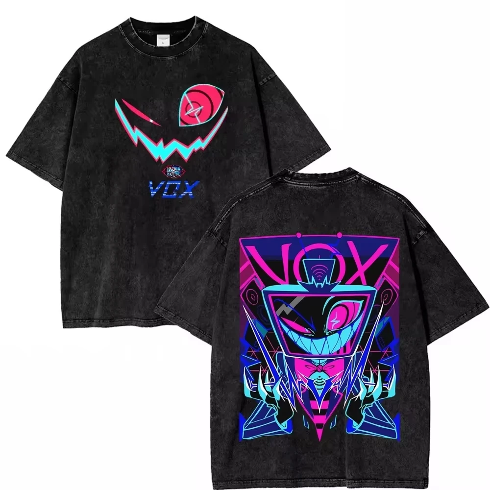 2026 Summer Hot Sale Vintage Washed Oversized Hazbin Hotel Graphic T‑shirt Unisex Heavy Cotton Short Sleeve Streetwear Tops