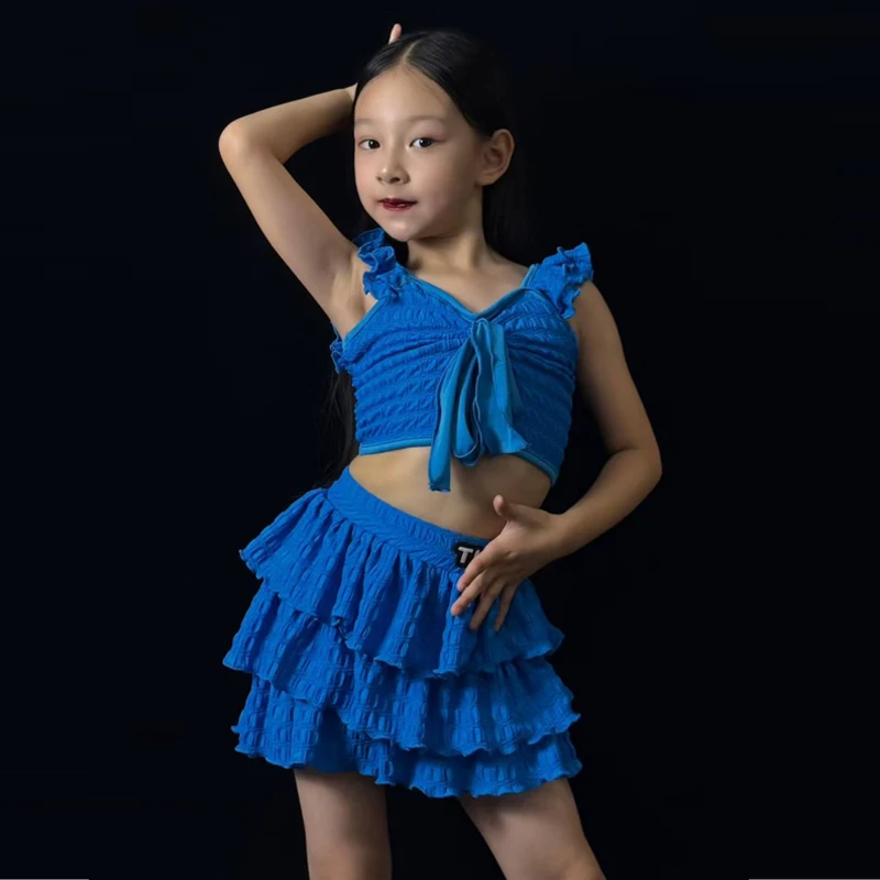 Costume de concours de danse latine pour enfants, vêtements de danse professionnels pour filles, costumes de danse latine Samba bleu SL13376