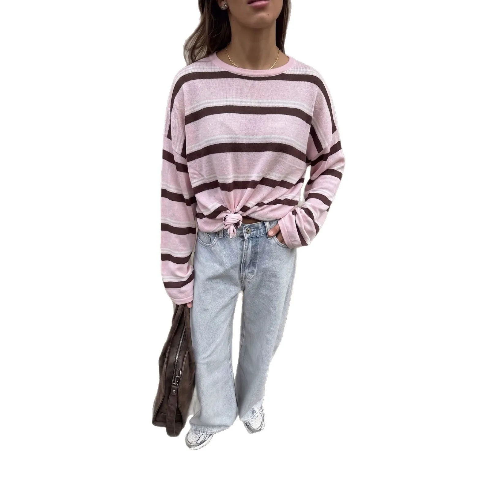 Striped Casual Top Loose Cut Japanese Korean Casual with Long Sleeve T Shirt Round Neck Regular Length T Shirts Beach for Women