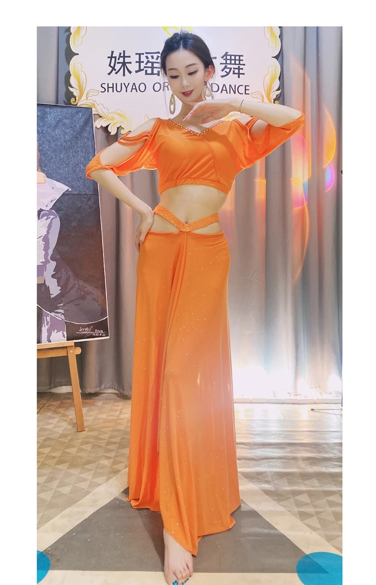 Women Belly dance training clothes new dance suit Autumn gauze hot drilling Oriental dance clothes Girls performance clothe