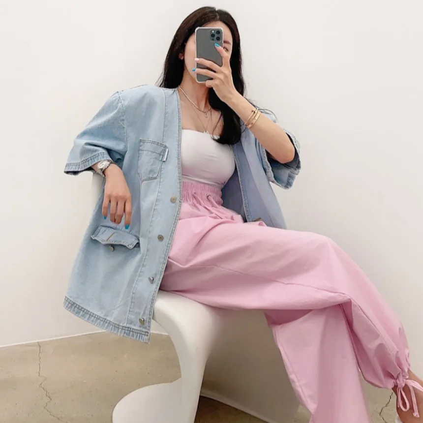 

Washed Blue Loose Short Sleeve V-Neck Retro Style Casual Outerwear Women's Summer Fashion Chic Single Button Coat