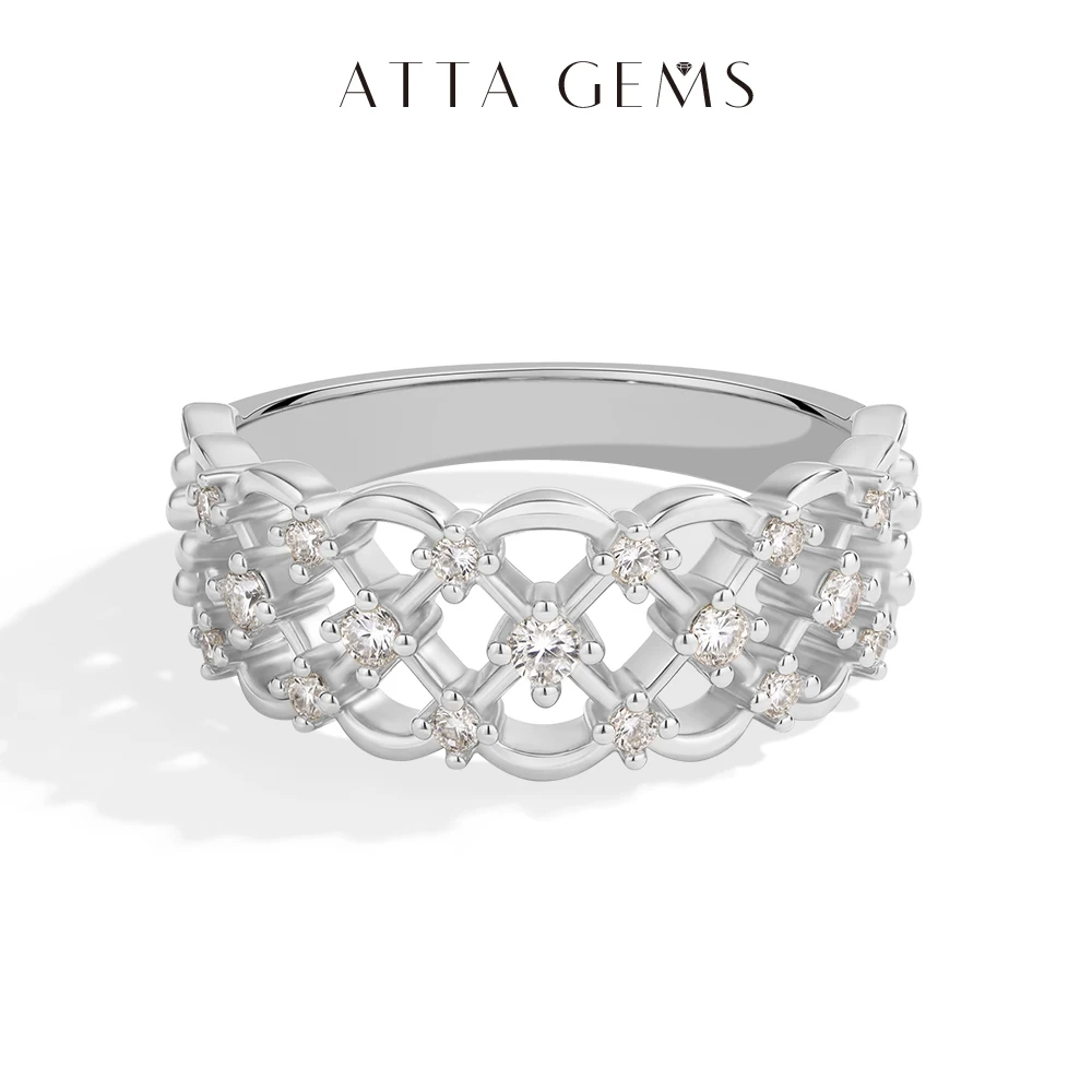 ATTAGEMS Lattice Hollow Moissanite Ring, D Color VVS1, S925 Silver 18K Gold Plated Women Wedding Band Jewelry