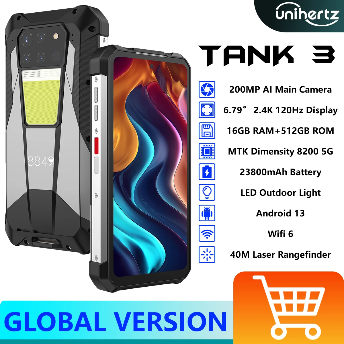 

8849 Unihertz Tank 3 Rugged Smartphone Android 13 MTK Dimensity 8200 5G 32GB+512GB 23800mAh 120Hz Display 40M Laser Rangefinder