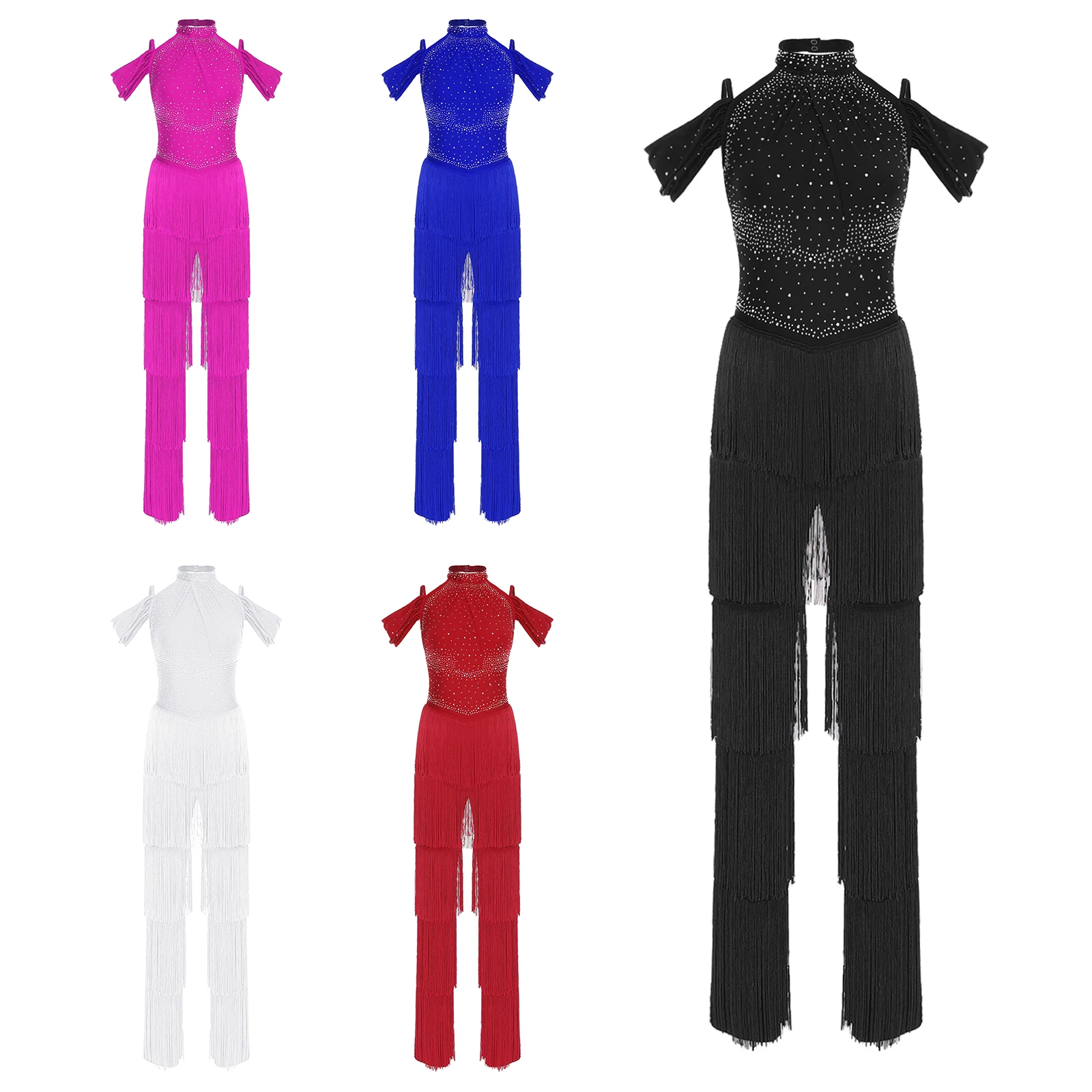 

Women Latin Samba Dance Rompers Rhinestones Tiered Tassel Halter Off Shoulder One Piece Jumpsuit for Rumba Ballroom Dance Party