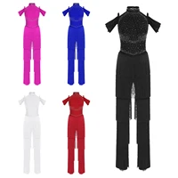 Peleles de baile latino Samba para mujer, mono de una pieza con borlas escalonadas y diamantes de imitación con hombros descubiertos para fiesta de baile de salón Rumba