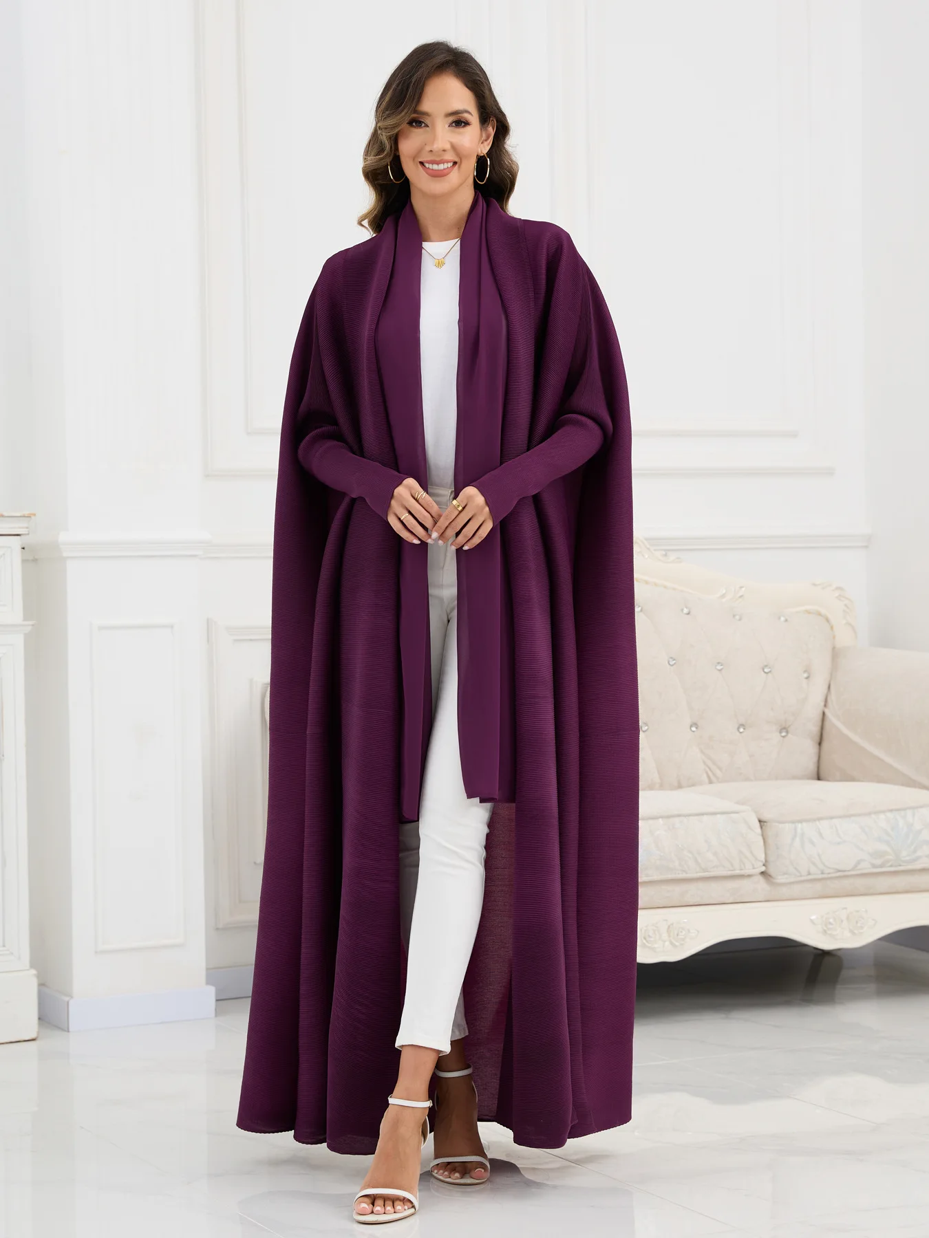 2025 novo casaco trench plissado com mangas morcego, tamanho grande, estilo étnico, cor sólida abaya, robe feminino elegante