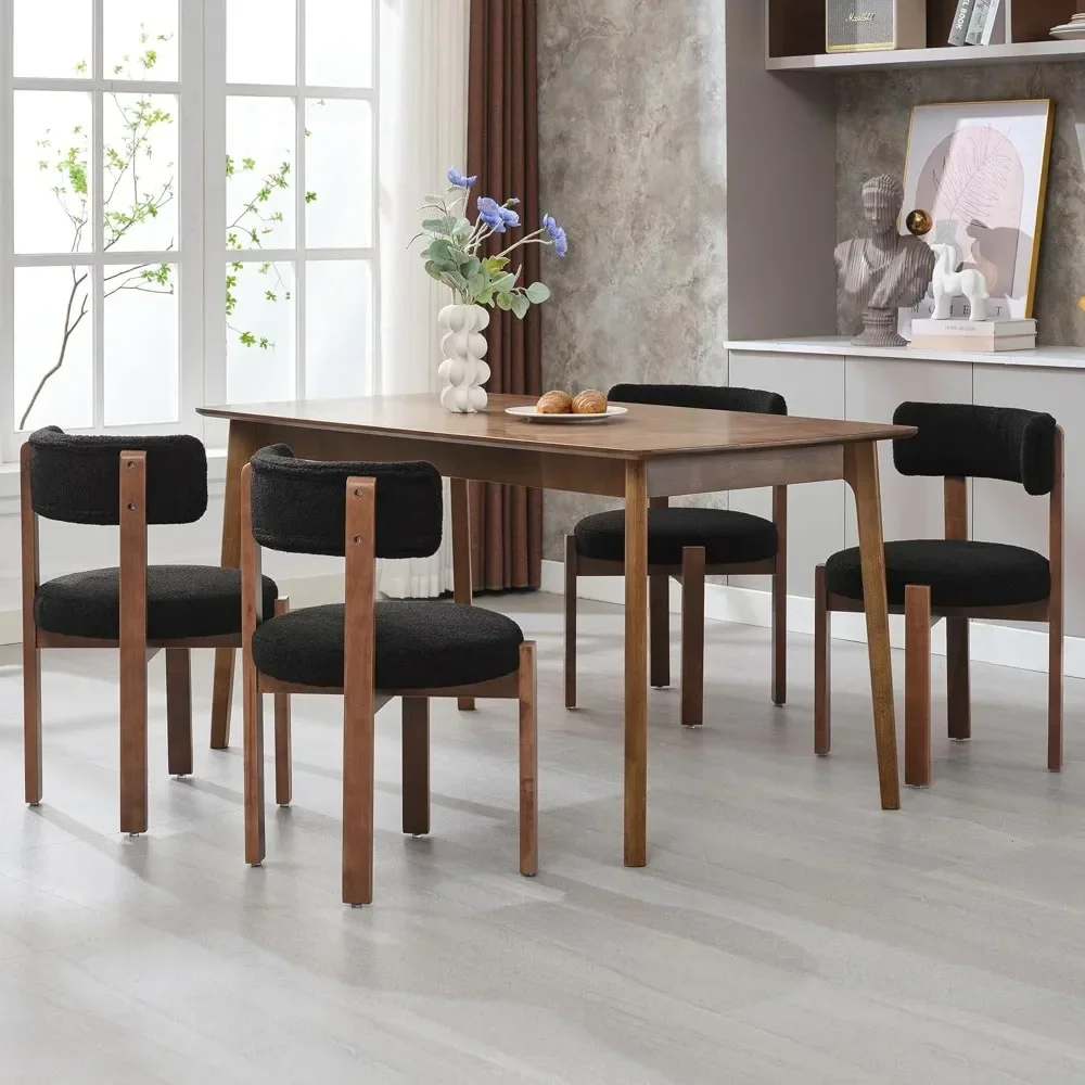 

Modern Dining Chairs Set of 4, Round Upholstered Armless Kitchen Chairs with Wood Legs Adjustable Foot, Mid Century Boucle Dini