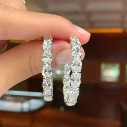 Huitan Sparkling Oval CZ Hoop Earrings Women Silver Color Luxury Fashion Female Earrings Piercing Wedding Party Trendy Jewelry