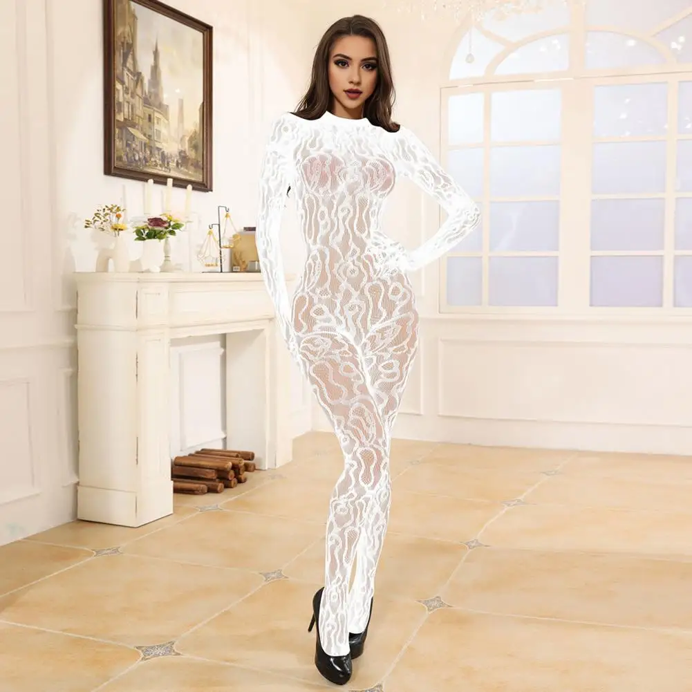 

Lace Jumpsuit Hollow Mesh Fishnet Round Neck Sleeveless Seductive Backless Costume Jacquard Women Lace Bodysuit