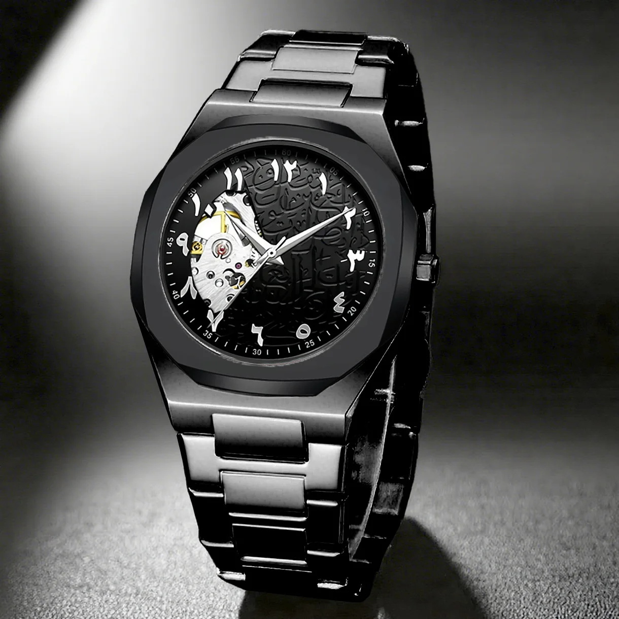Hot Selling Design Arabic Dial High-end Alloy Quartz Watch Men Unique Personality Black and White Hollow Two-color Men Clock