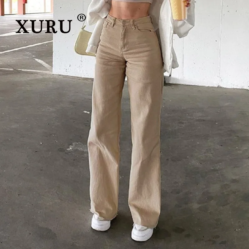 

XURU - New Women's High Waisted Solid Color Slim Fit Jeans, Y2k Clothing Loose Long Jeans, Men's Pants