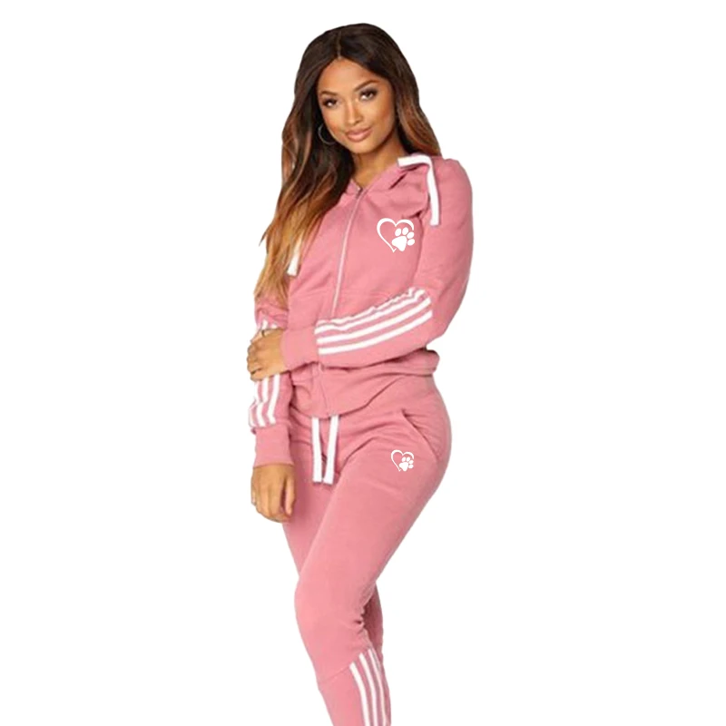 Women\'s casual sportswear 2-piece set women\'s sportswear striped suit long sleeved full zipper top sports pants jogging set