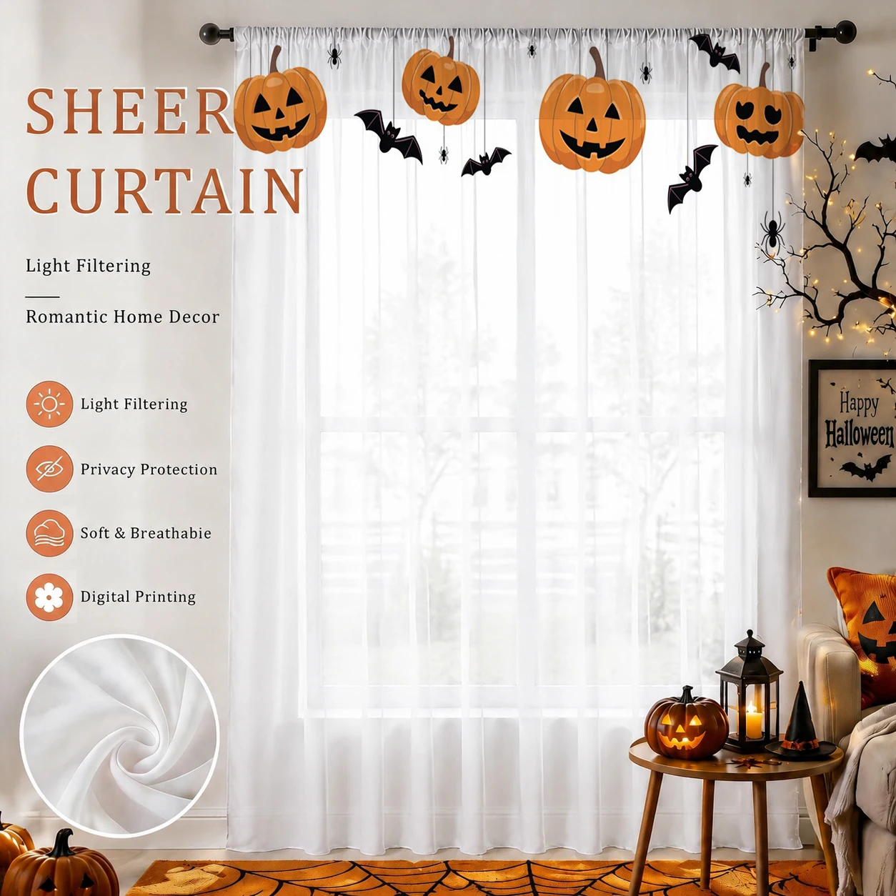 Halloween Festival Sheer Curtain, Good Quality Light Reducing Privacy Voile For Living/Bedroom/Kids Room,Halloween Festival Gift