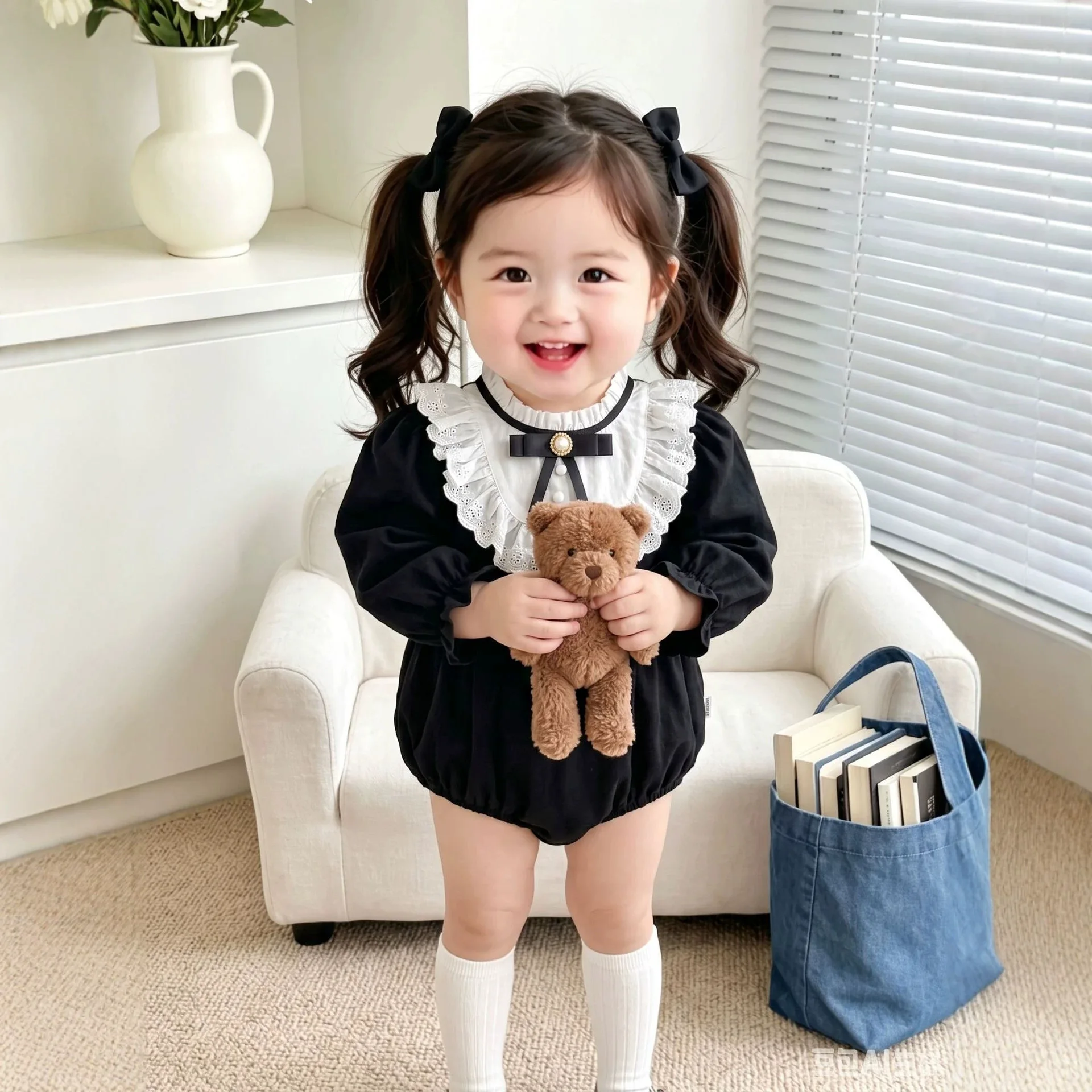 2026 Autumn Baby Girls Long Sleeve Bodysuit Lace Ruffle Collar Bow Decor Infant Onesie Daily Wear Outfit for 0-2T Girls