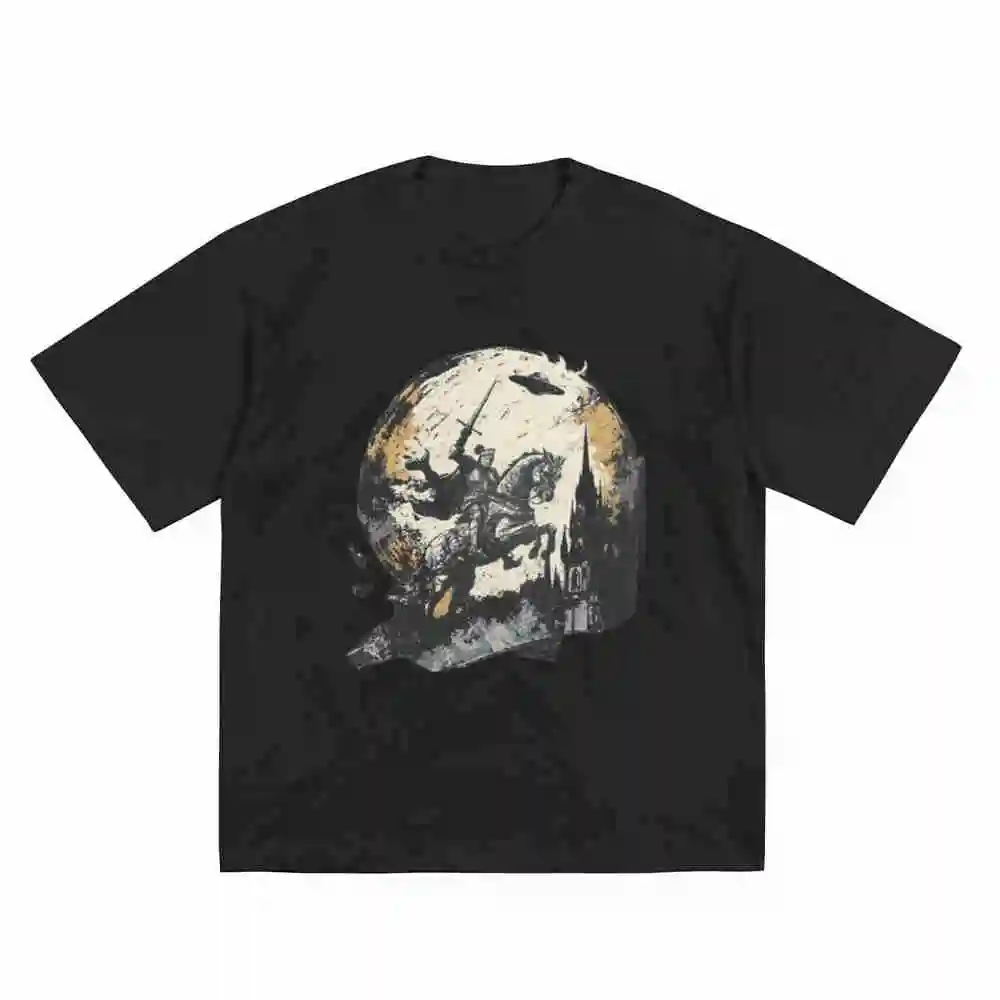 Medieval Knight UFO Vintage Alien Invasion Retro Gothic Fantasy Sci Fi Short Sleeve Tee 100% Cotton T-Shirt