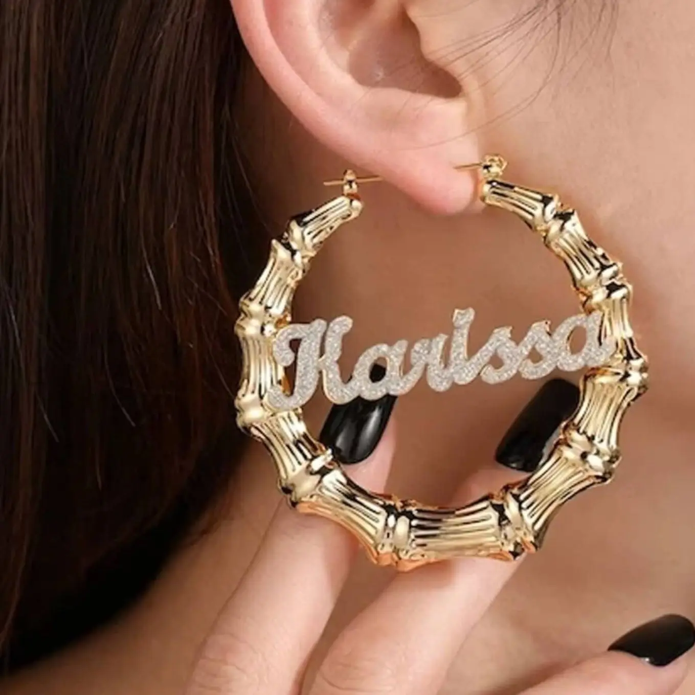 

30mm-100mm Custom Bamboo Hoop Earring Stainless Steel Earrings Bamboo Style Personality Name Drop Earring Hiphop Sexy