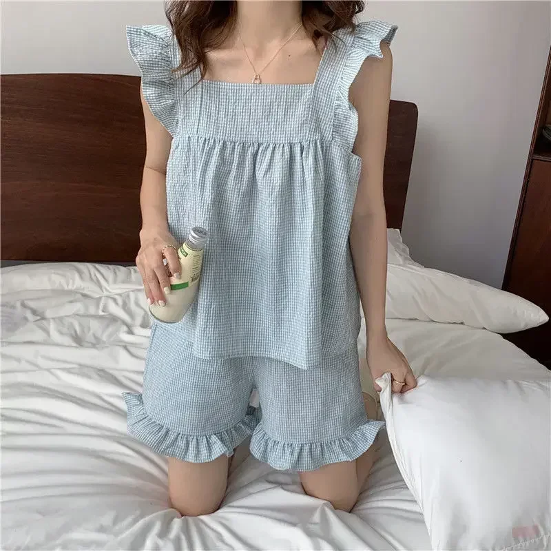 Geruite Dames Pyjama Shorts Set Nachtkleding Koreaanse Kawaii Vlieg Mouw Pijama Ruches Zomer Huiskleding Pak Loungewear Nachtkleding