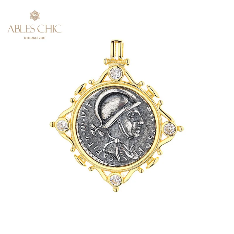 

Ables Chic Mars God of War Greek Silver Coins Charm CZ Accent 18K Gold Two Tone Solid 925 Silver Roman Coin Pendant Only N1028