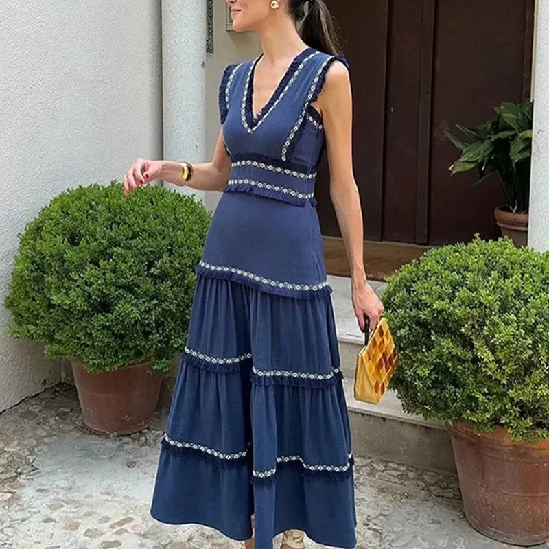 HXAO Long Dresses Womens Dresses Summer One-Piece Dress Midi Sleeveless Blue Vintage Slip Dress Graduation Dresses Elegant 2024