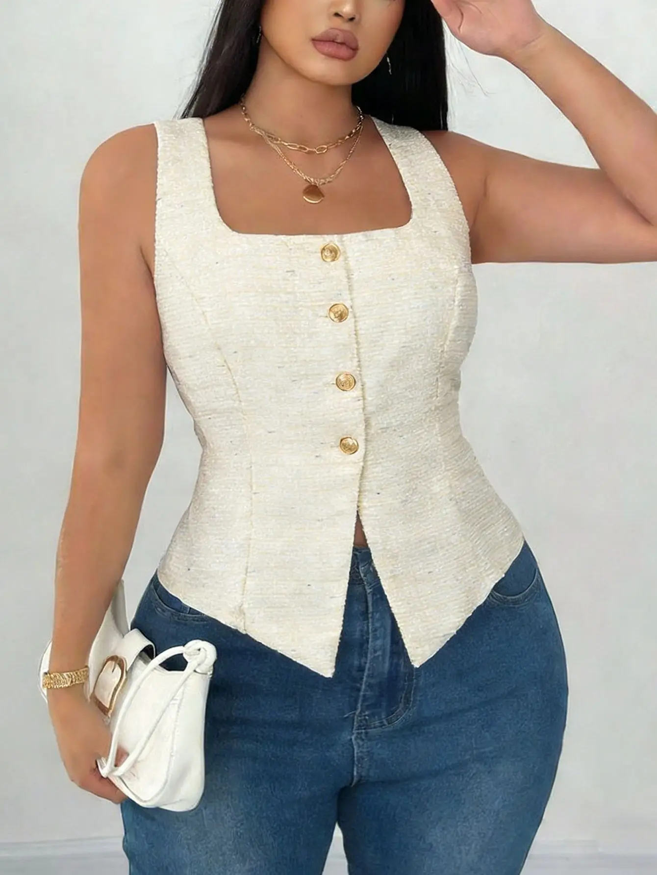 Summer Fashion Ladies Knit Vest Top Sleeveless Gold Button Sweater Square Neckline Elegant Comfortable Casual Wear Vest Top 2026