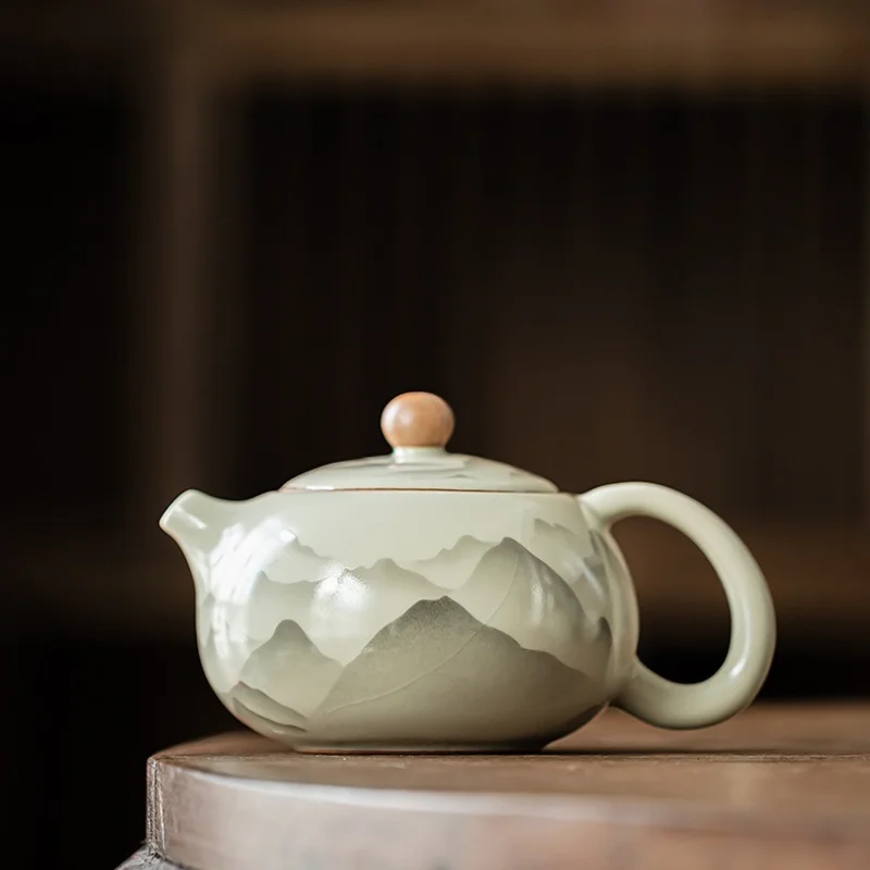 

Керамический чайник Ru Kiln, винтажный бытовой чайный сервиз кунг-фу, ручная роспись, зеленый горный горшок Xishi