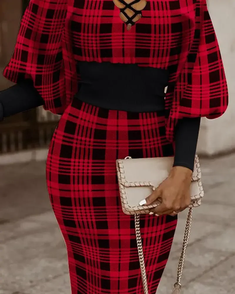 Damen-Kleid mit überkreuztem V-Ausschnitt und Print, figurbetontes Midikleid, elegantes Party- und Arbeitskleid – Detail 8