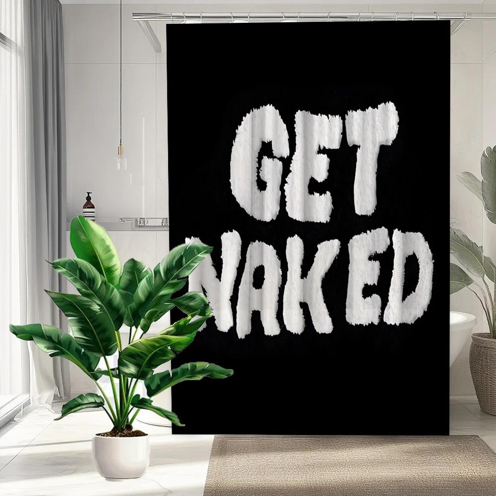 

1pc Funny "Get Naked" Shower Curtain - Rustic Farmhouse Bath Decor with White Text on Black, Oversized 70.8x70.8 Inch (180x180cm
