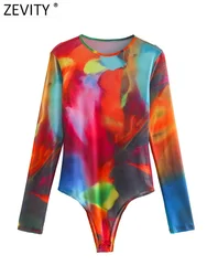 Zevity Women Sexy Colorful Tie Dyed Printing Mesh Yarn Slim Bodysuits Ladies Long Sleeve Painting Playsuits Mujer Rompers LS2162