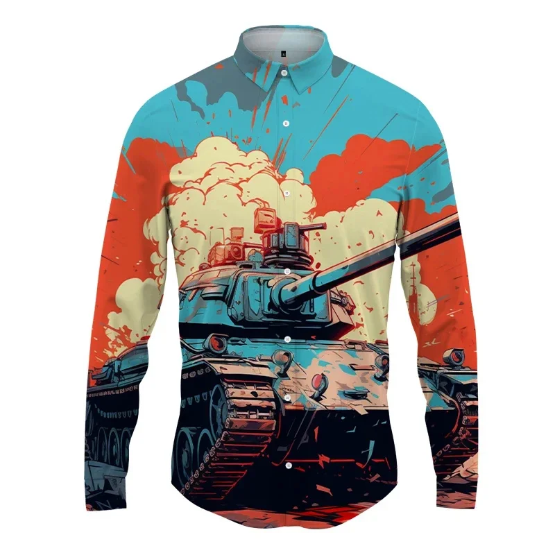 

Tank Pattern 3D Printed Lapel Men Shirt ManWomen Casual Fashion Long Sleeves Shirts Button Streetwear Oversized Unisex Clothing