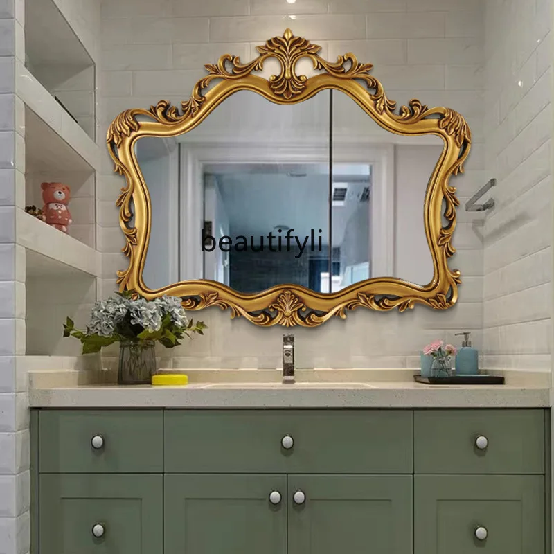 

New carved bathroom mirror European retro American, wall-mounted decorative mirror dressing bathroom mirror