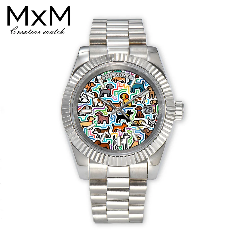 Jam Tangan Otomatis Pria Miyota 8285 Movement 21 Jewels Tampilan Hari-Tanggal Kristal Safir Baja Tahan Karat Jam Tangan Hewan Kreatif