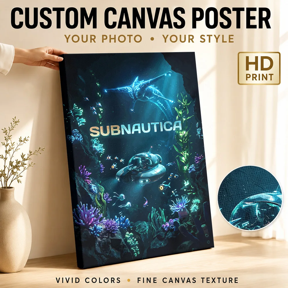 Subnautica Diver Beneath Ocean Surface Canvas Print Customized Photo Blue Underwater Light Wall Art For Game Streaming Studio