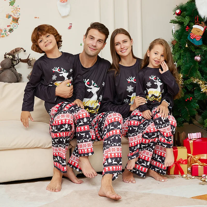 

2024 new round neck Christmas cartoon elk letter set pajamas family parent-child home wearMom, Dad, kids, baby and dog jumpsuits