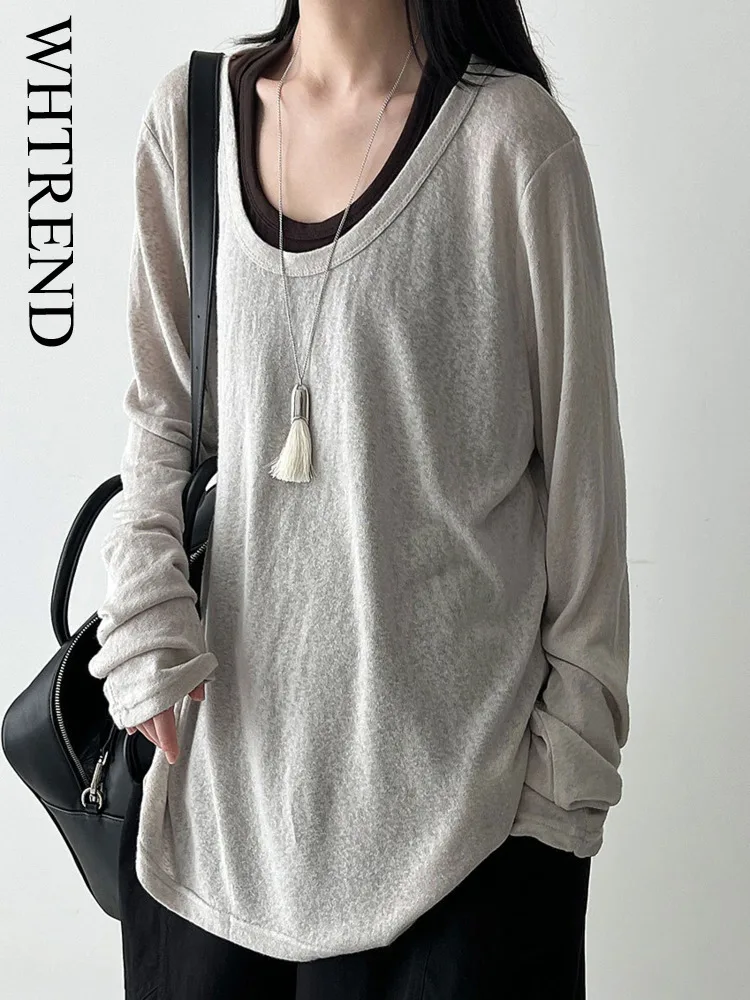 

WHTREND Свободная мягкая лоскутная футболка для женщин, осенний новый вязаный повседневный топ с длинными рукавами и драпировкой WH1539