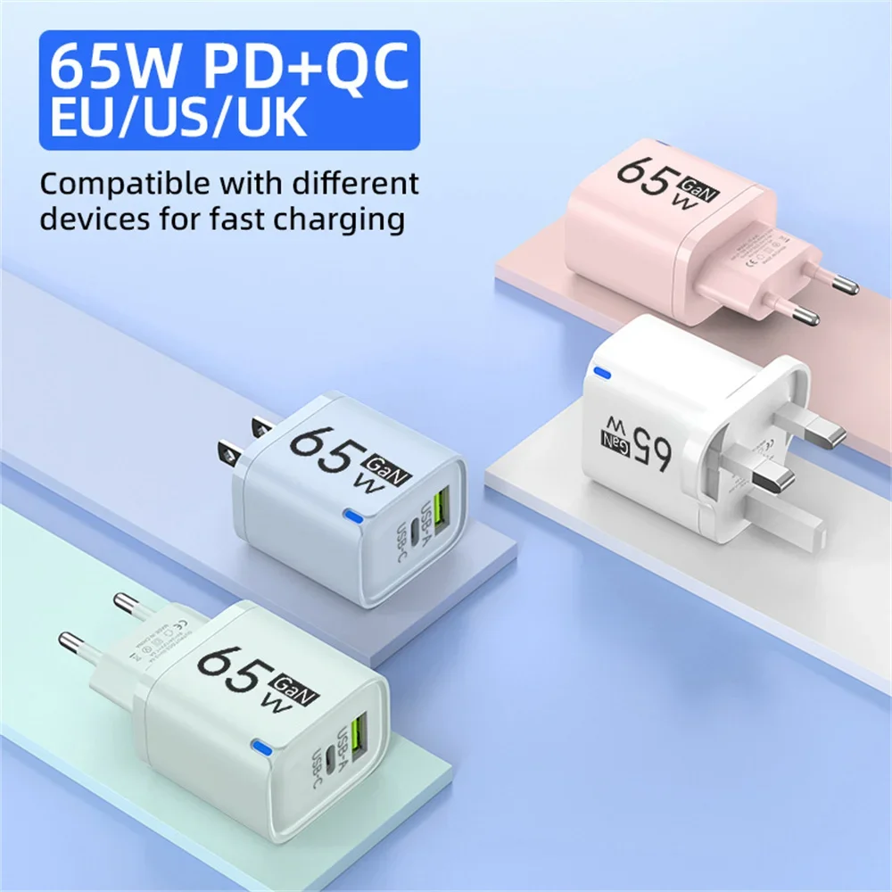 USB Fast Charger 65W 2 Ports USB Type C Quick Charge Charger EU/US/UK Plug Adapter For iPhone Xiaomi Samsung