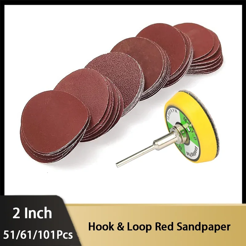 2Inch Red Sanding Disc 51/61/101Pcs Hook and Loop 60-2000Grit with 3mm Shank Sanding Backing Pad for Dremel Rotary Tool Grinder