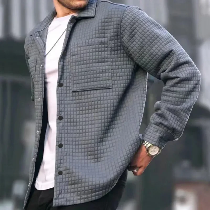 Men's Warm Jacket Small Square Fabric Design Autumn Clothing Fashion Outwear Solid Color Casual Multi-pocket Long Sleeve Top
