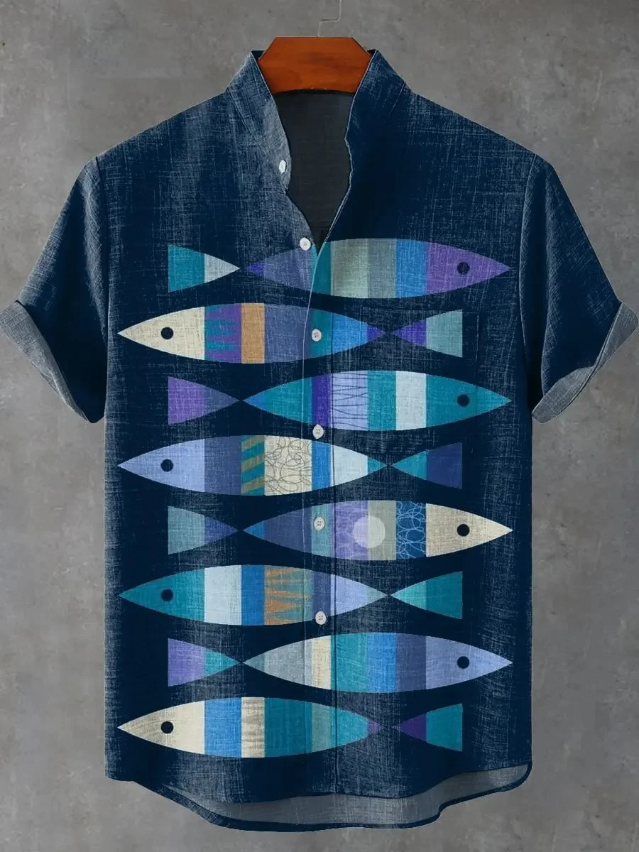 Men's Summer Retro Fish Pattern Art Shirt Casual Linen Short Sleeve Fishing Enthusiast Clothing Exquisite Shirt Street Trend