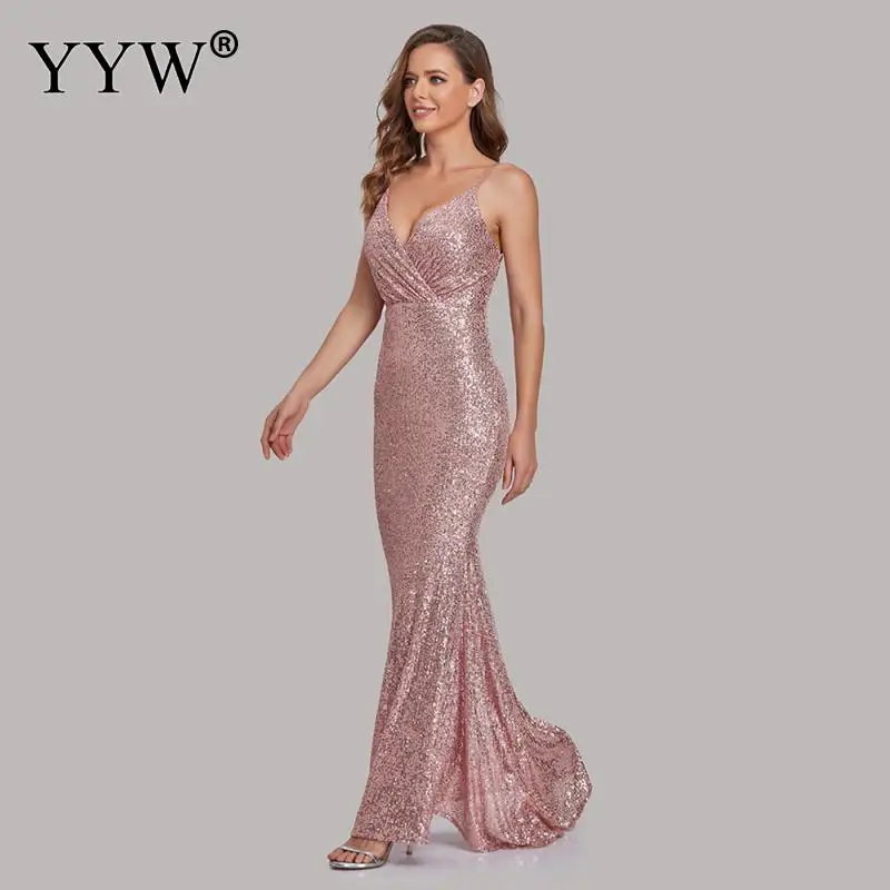 Mermaid Sequin Solid Long Evening Dresses Simple Style V-Neck Spaghetti Strap Ankle Length Night Gown Elegant Abendkleider 2021