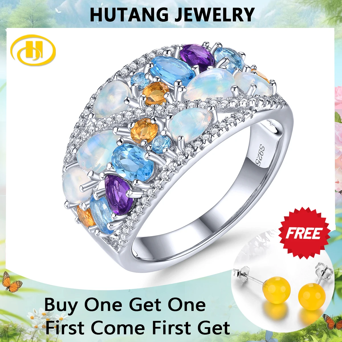 

Natural Genuine Opal Topaz Amethyst Sterling Silver Rings 2.2 Carats Multicolor Unique Design Women Anniversary Gift Top Quality