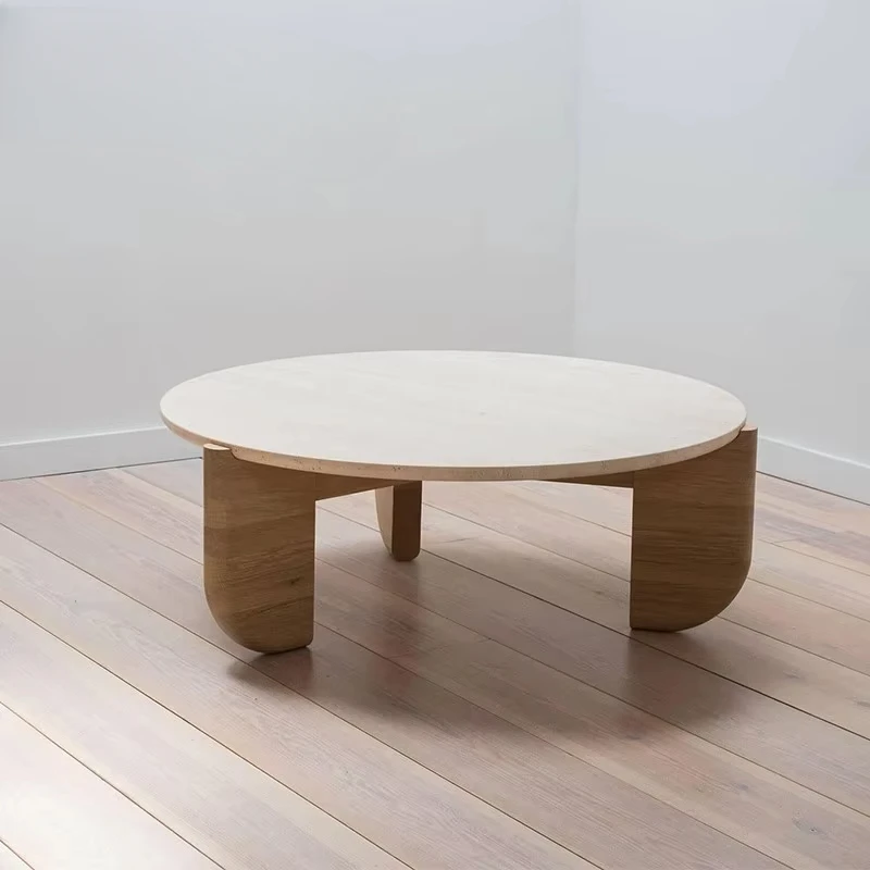 

*#a Modern minimalist solid wood/stone round coffee table.r