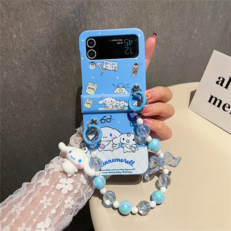 Чехол-книжка Sanrio Hello Kitty Kuromi Z Flip 3 4 для Samsung Galaxy Cinnamoroll, полностью защищающий браслет-цепочка с бусинами и ремешком, подарок