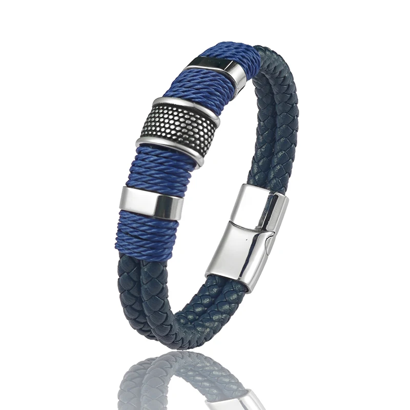 Neues Blaues Geflochtenes 5-Farben Leder Edelstahl Herren Armband Magnetverschluss Handgefertigtes Armband für Männer Casual Tägliches Tragen – Detail 7