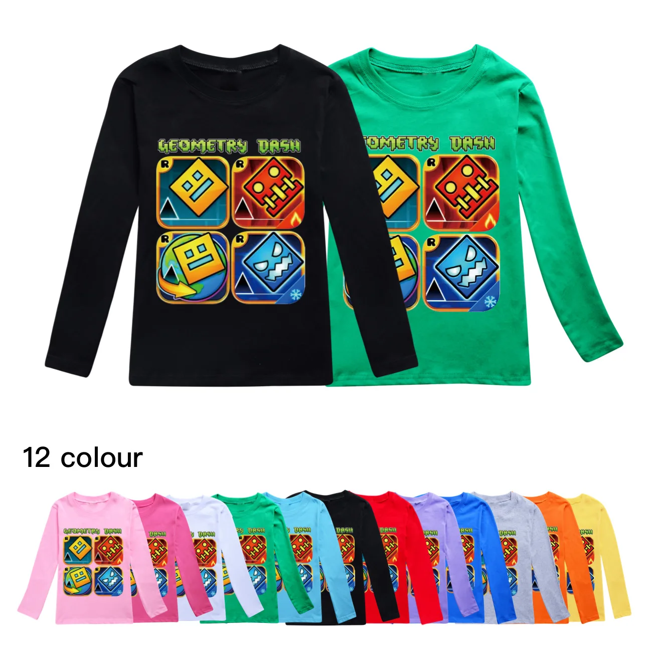 Game Geometry Dash T Shirt Kids Pure Cotton T-shirt Little Girls Long Sleeve Tops Children\'s Cartoon Clothing Boys Sweatshirts