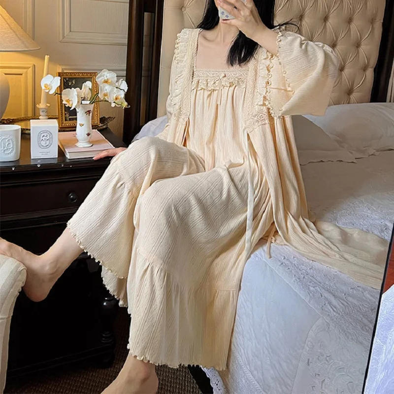 Sexy Cotton 2 Pieces Robe Sets For Women Autumn Spring Robes Royal Roupas De Dormir Femininas Loose Sleepwear