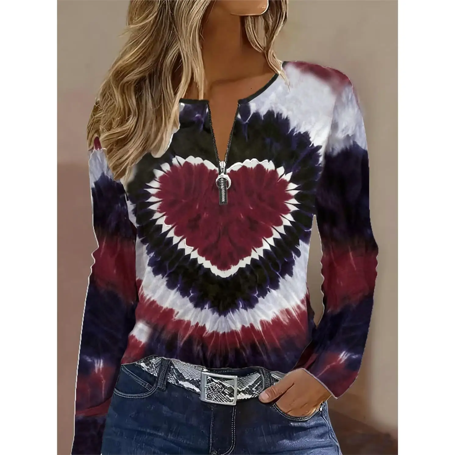Cross-Border Long Sleeve T-Shirt Zipper round Neck Print Women's Cleanfit Standard Citywalk Polyester Fiber Breathable