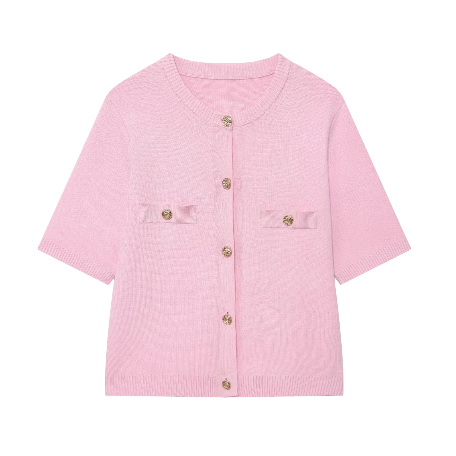 

PB&ZA2025 autumn new women's simple and fashionable button-decorated pocket knitted cardigan short-sleeved jacket top