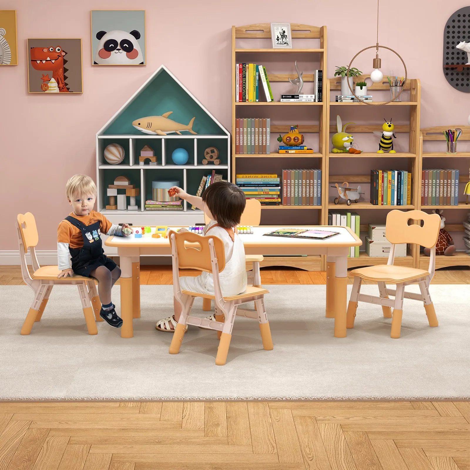 Kids Height Adjustable Table and 4 Chairs Set with Graffiti Desktop Natural