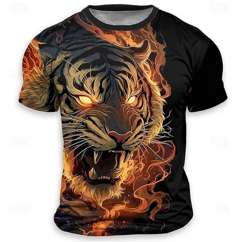 2026 الرجال ثلاثية الأبعاد لهب النمر طباعة طاقم الرقبة تي شيرتات قصيرة الاكمام أنيق ، تنفس ، مريحة الصيف تي شيرت فضفاض صالح #1