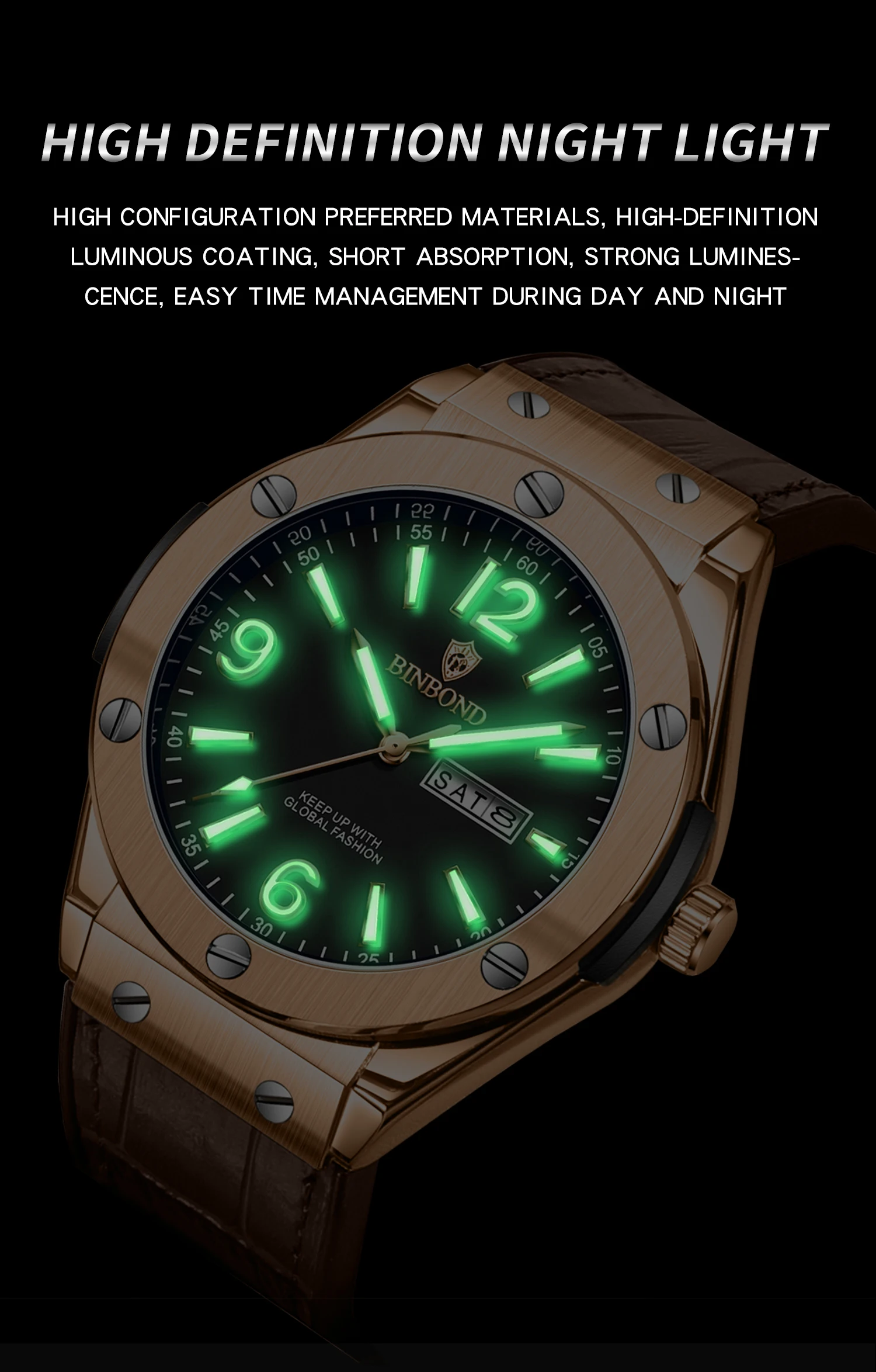 BINBOND جديد 225 ساعة كوارتز رجالية عصرية فاخرة مقاومة للماء تقويم مزدوج ضوء الليل ساعة كوارتز رجالية مخصصة